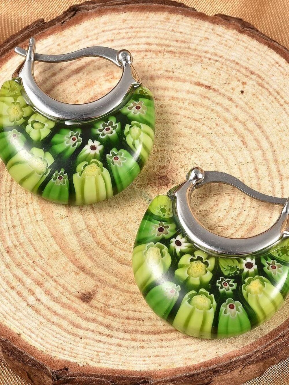 Green Murano Style Crescent Moon Earrings in Stainless Steel - NEW